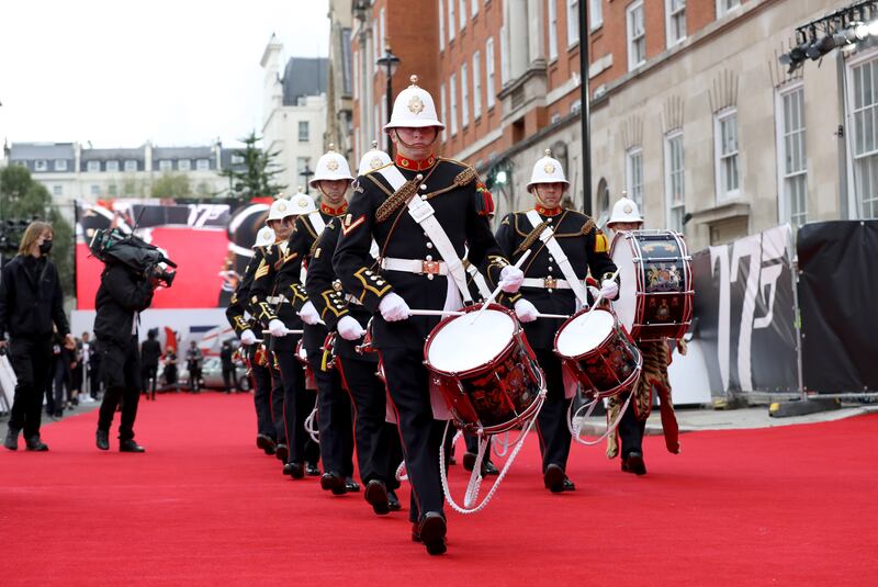 The opening performance at the world premiere of ‘No Time to Die’  is performed by The Royal Marines Band at the Royal Albert Hall, London. Photo: Getty