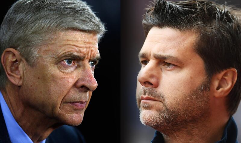 FILE PHOTO (EDITORS NOTE: GRADIENT ADDED - COMPOSITE OF TWO IMAGES - Image numbers (L) 502540908 and 601783502) In this composite image a comparision has been made between Arsene Wenger manager of Arsenal and Mauricio Pochettino, Manager of Tottenham Hotspur. Arsenal and Tottenham Hotspur meet on November 18, 2017 in a Premier League match at the Emirates Stadium in London.   ***LEFT IMAGE*** SOUTHAMPTON, ENGLAND - DECEMBER 26: Arsene Wenger manager of Arsenal during the Barclays Premier League match between Southampton and Arsenal at St Mary's Stadium on December 26, 2015 in Southampton, England. (Photo by Christopher Lee/Getty Images) ***RIGHT IMAGE*** STOKE ON TRENT, ENGLAND - SEPTEMBER 10: Mauricio Pochettino, Manager of Tottenham Hotspur looks on during the Premier League match between Stoke City and Tottenham Hotspur at Britannia Stadium on September 10, 2016 in Stoke on Trent, England. (Photo by Laurence Griffiths/Getty Images)