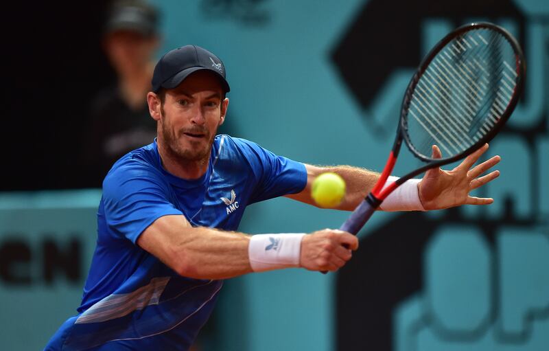 Andy Murray plays a backhand during his second-round victory over Canadian Denis Shapovalov at the Madrid Open at La Caja Magica on May 03, 2022. Getty 