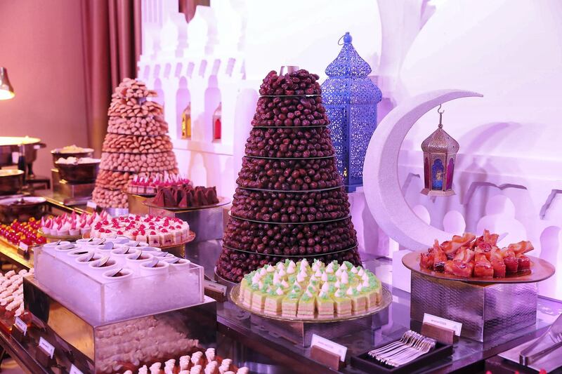 DUBAI,  UNITED ARAB EMIRATES , May 9 – 2019 :- Iftar food on display at the Fairuz Ramadan Tent at the Fairmont hotel on The Palm Jumeirah in Dubai.  ( Pawan Singh / The National ) For News/Online/Instagram. Story by Patrick 