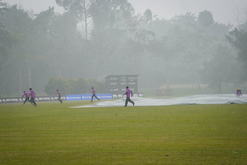 17 June 2022. Match abandoned against Oman at the ACC Women’s T20 Championship in Kuala Lumpur. The day the streak changed from “consecutive wins” to “matches undefeated”. The UAE were well placed against Oman before the shower arrived. Courtesy Malaysia Cricket