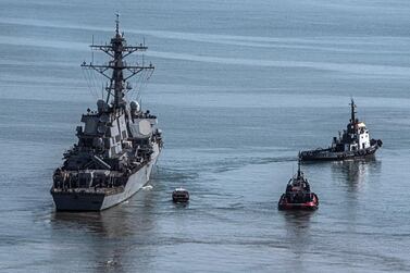 According to the US embassy in Beirut, the Arleigh Burke-class guided missile destroyer docked in Beirut port on 14 September. EPA