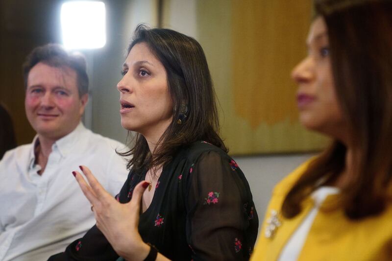 Mrs Zaghari-Ratcliffe and her husband at a press conference hosted by their local MP Tulip Siddiq in March. Getty Images