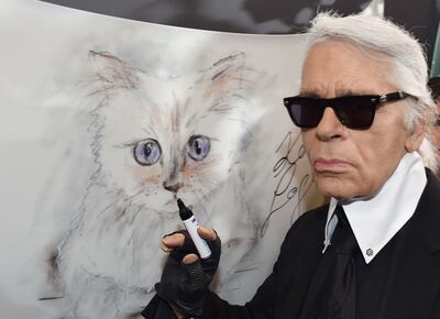 (FILES) In this file photo taken on February 3, 2015 German fashion designer, artist, and photographer Karl Lagerfeld poses next to a painting of his cat "Choupette" during the inauguration of the show "Corsa Karl and Choupette" at the Palazzo Italia in Berlin.  German fashion designer Karl Lagerfeld has died at the age of 85, it was announced on February 19, 2019. / AFP / DPA / Jens KALAENE
