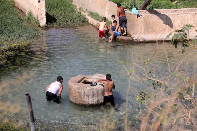 Palestinian boys swim in a spring at Al Faraa refugee camp, near the West Bank city of Nablus.