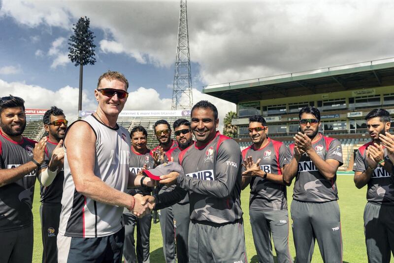 Sultan Ahmed receives his ODI cap from UAE head coach Dougie Brown before the series opener against Zimbabwe at Harare Sports Club on Wednesday, 10 April 2019 (Pic - Zimbabwe Cricket)