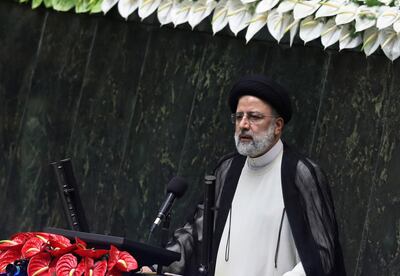 President Ebrahim Raisi after taking his oath as president in a ceremony at the parliament in Tehran. AP