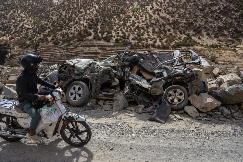 Another crushed car on a mountain road  in Talat N'Yaaqoub. Getty Images