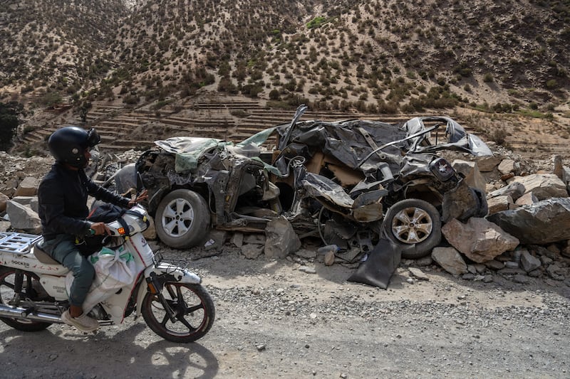 Another crushed car on a mountain road  in Talat N'Yaaqoub. Getty Images
