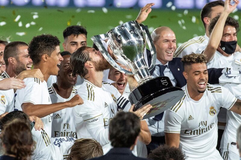 Real Madrid's captain Sergio Ramos celebrated winning the La Liga title with his players at the Alfredo Di Stefano Stadium. EPA
