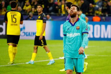 Soccer Football - Champions League - Group F - Borussia Dortmund v FC Barcelona - Signal Iduna Park, Dortmund, Germany - September 17, 2019 Barcelona's Lionel Messi reacts after a missed chance REUTERS/Wolfgang Rattay