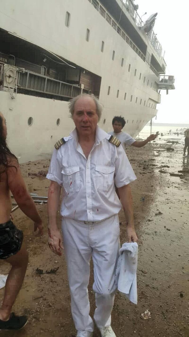 The Orient Queen's hotel director Vincenzo Orlandini moments after the blast in Beirut.