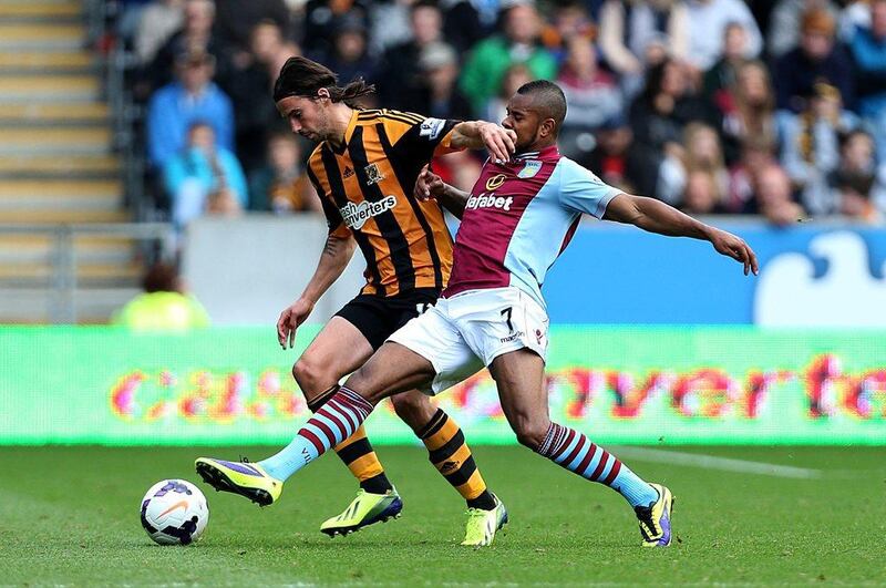 Right-back Leandro Bacuna, right, was energetic in attack and solid in defence for Aston Villa in their draw at Hull. Lynne Cameron / PA