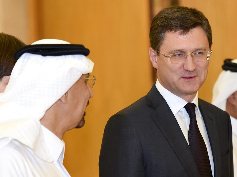 Khalid Al Falih, the Saudi energy minister, with Alexander Novak, his Russian counterpart, in Riyadh on Sunday. Fayez Nureldine / AFP