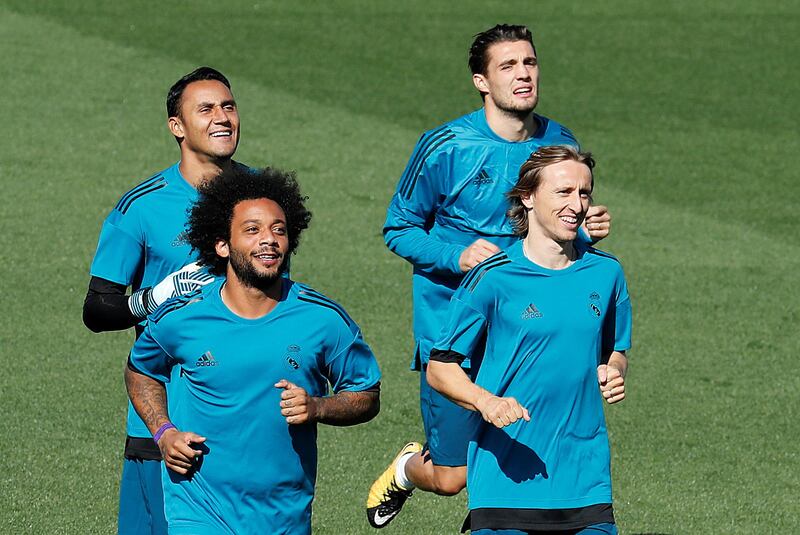 Marcelo, Luka Modric, Mateo Kovacic and Keylor Navas during training. Paul Hanna / Reuters
