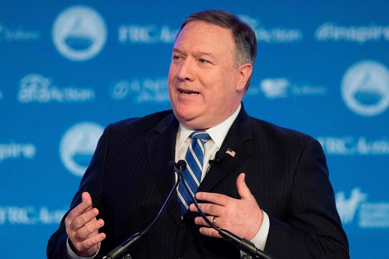 (FILES) In this file photo taken on September 21, 2018 US Secretary of State Mike Pompeo delivers remarks at the 2018 Values Voters Summit in Washington, DC. Secretary of State Mike Pompeo vowed that the United States would emerge victorious in an intensifying trade war with China, a day before Washington imposes $200 billion worth of tariffs. "We are going to win it," Pompeo said in an interview on Fox News broadcast September 23, 2018."We're going to get an outcome which forces China to behave in a way that if you want to be a power -- a global power -- transparency, rule of law, you don't steal intellectual property," he said.
 / AFP / Jim WATSON
