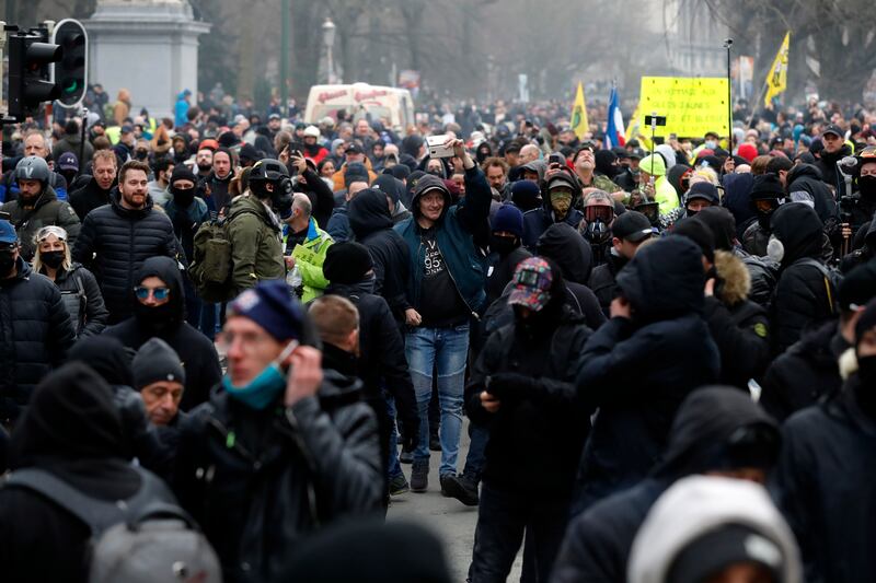 Crowds of protesters at the Brussels demonstration organised by Europeans United, which is against against anti-coronavirus measures in the bloc. EPA