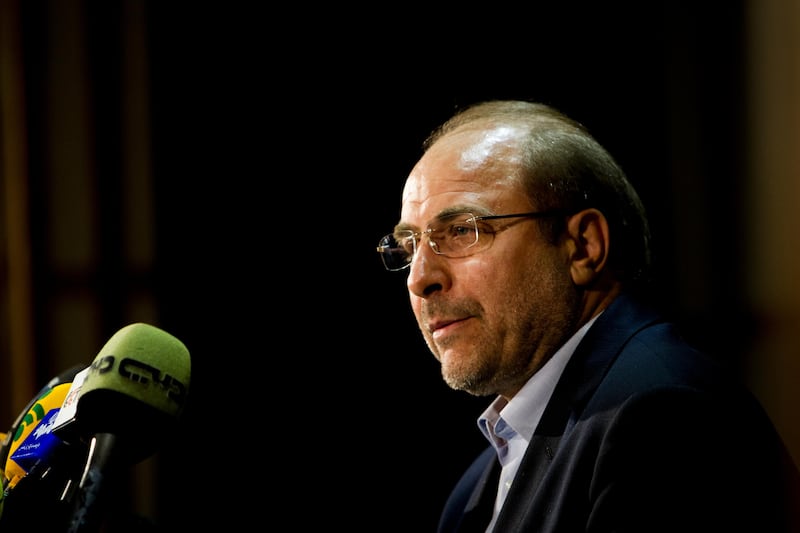Mayor of Tehran, Iranian Mohammad Baqer Qalibaf speaks during a press conference after registering his candidacy for the upcoming presidential election at the interior ministry in Tehran on May 11, 2013. Iran will close the five-day registration period for candidates in Iran's June 14 presidential election, with a string of conservative hopefuls in the running but with key reformists yet to come forward, media reports said. AFP PHOTO/BEHROUZ MEHRI
