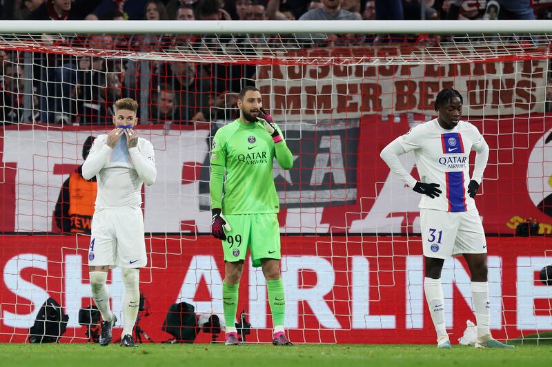 PSG's Sergio Ramos, Gianluigi Donnarumma and El Chadaille Bitshiabu after Eric Maxim Choupo-Moting's goal for Bayern. Getty