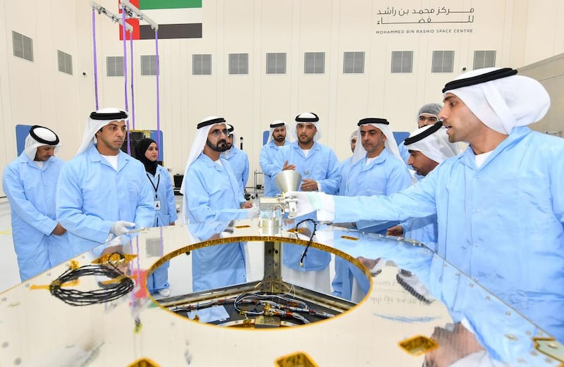 Sheikh Mohammed bin Rashid, Vice President and Ruler of Dubai; Sheikh Saif bin Zayed, Deputy Prime Minister and Minister of Interior; Sheikh Mansour bin Zayed, Deputy Prime Minister and Minister of Presidential Affairs, and Sheikh Hamdan bin Mohammed, Dubai Crown Prince, visit the Mohammed bin Rashid Al Maktoum Space Centre. Wam