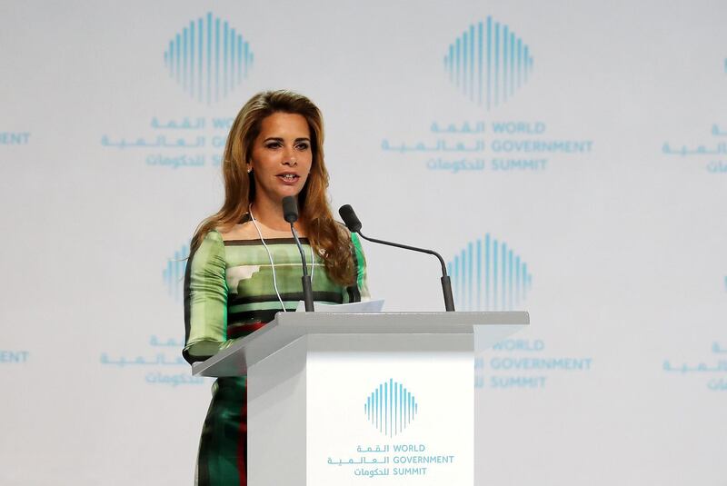 
DUBAI , UNITED ARAB EMIRATES , FEB 11  – 2017 :- Princess Haya Bint Al Hussein , Chairperson of the International Humanitarian City speaking on the first day of World Government Summit 2018 held at Madinat Jumeirah in Dubai. ( Pawan Singh / The National ) For News
