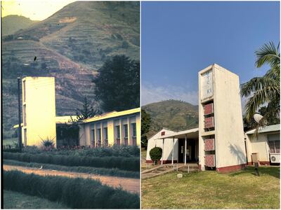 Kichwamba Technical College in the foothills of the Rwenzori Mountains, in the 1960s and today. Photo: Alice Morrison