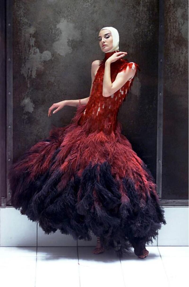 A McQueen creation made with dyed ostrich feathers, as presented at London Fashion Week in 2001. Photo by REX 