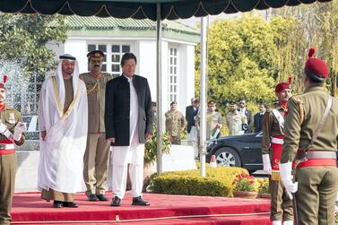 Sheikh Mohamed bin Zayed, Crown Prince of Abu Dhabi and Deputy Supreme Commander of the UAE Armed Forces, with Pakistan Prime Minister Imran Khan in Islamabad on January 6, 2019. Rashed Al Mansoori / Ministry of Presidential Affairs