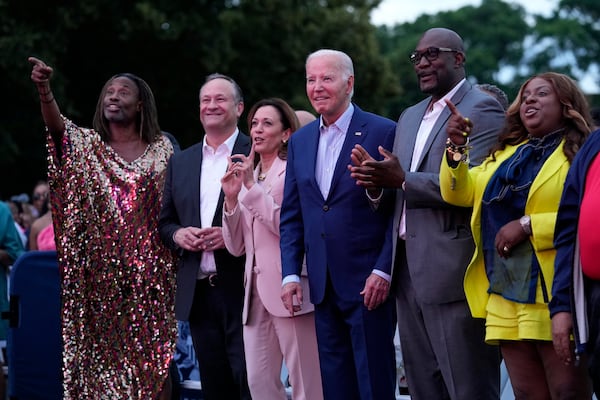 From left, Billy Porter; Vice President Kamala Harris and her husband Doug Emhoff; President Joe Biden; Philonise Floyd, George Floyd's brother; and his wife Keeta Floyd. They were listening to a Juneteenth concert on the South Lawn of the White House. AP