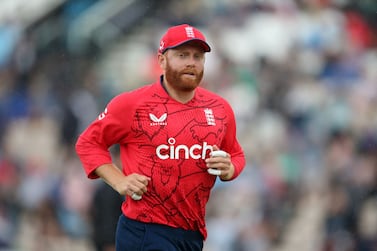 England's Jonny Bairstow runs back to the pavilion as rain stopped play during the third T20 international cricket match between England and South Africa at The Ageas Bowl in Southampton, southern England on July 31, 2022.  (Photo by Steve Bardens / AFP) / RESTRICTED TO EDITORIAL USE.  NO ASSOCIATION WITH DIRECT COMPETITOR OF SPONSOR, PARTNER, OR SUPPLIER OF THE ECB