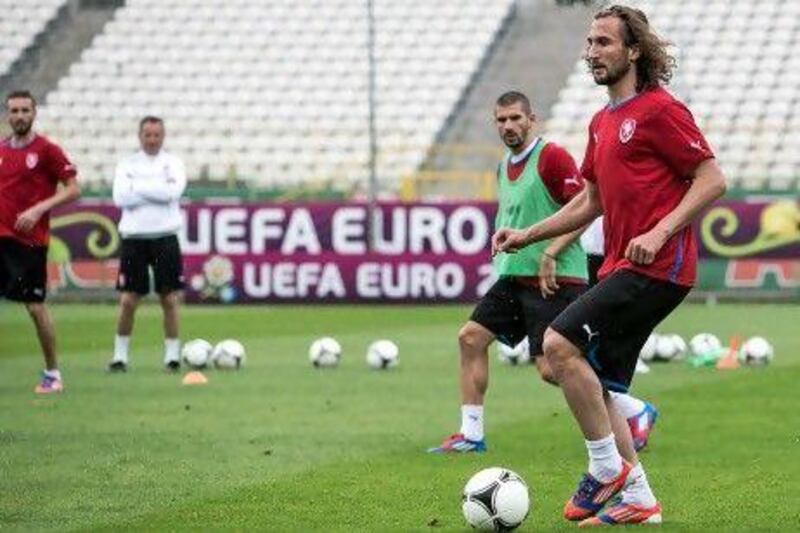 Petr Jiracek, right, and Tomas Sivok, second right, take part in a Czech Republic training session.