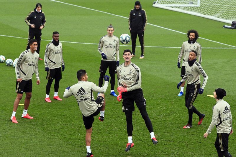 Real Madrid players during a training session at Valdebebas Sport Complex in Madrid. EPA