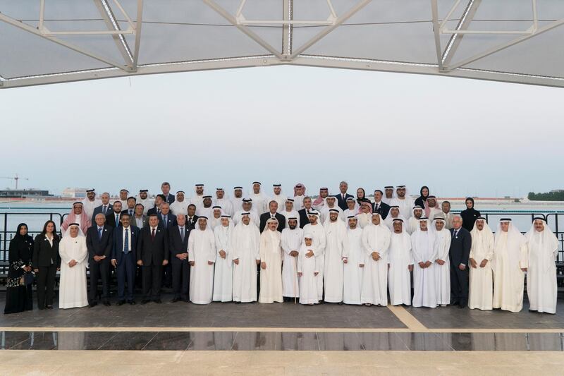 ABU DHABI, UNITED ARAB EMIRATES - October 08, 2018: HH Sheikh Mohamed bin Zayed Al Nahyan, Crown Prince of Abu Dhabi and Deputy Supreme Commander of the UAE Armed Forces (front row 13th L), stands for a photograph with members of  "Brainstorm Alliance" initiative, coordinated by The Emirates Center for Strategic Studies and Research (ECSSR), during a Sea Palace barza. Seen with HH Sheikh Tahnoon bin Mohamed Al Nahyan, Ruler's Representative in Al Ain Region (front row 12th L), HH Sheikh Tahnoon bin Mohamed bin Tahnoon Al Nahyan (front C) and HE Dr Jamal Al Suwaidi Director General of the Emirates Center for Strategic Studies and Research (ECSSR) (front row 14th L).

( Rashed Al Mansoori / Crown Prince Court - Abu Dhabi )
---