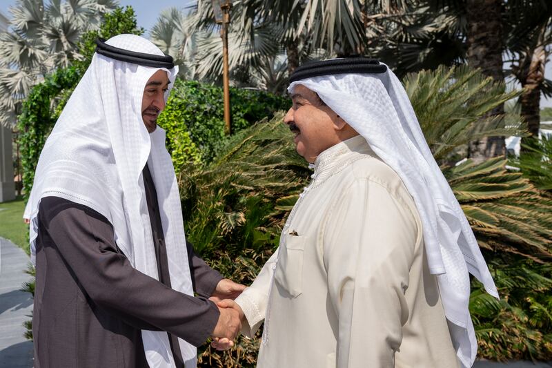 President Sheikh Mohamed is received by Bahrain's King Hamad at his Abu Dhabi residence. Photo: Presidential Court