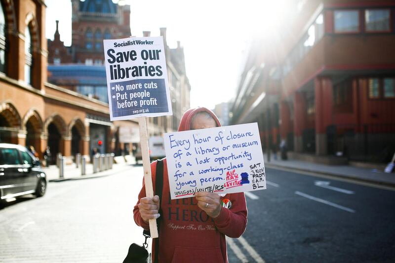 Protesters gather outside The British Library to march against government cuts to the arts and public libraries, in London, Britain, November 3, 2018. REUTERS/Henry Nicholls