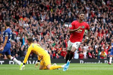 Manchester United's Marcus Rashford celebrates scoring his side's third goal of the game during the Premier League match at Old Trafford, Manchester. PRESS ASSOCIATION Photo. Picture date: Sunday August 11, 2019. See PA story SOCCER Man Utd. Photo credit should read: Martin Rickett/PA Wire. RESTRICTIONS: EDITORIAL USE ONLY No use with unauthorised audio, video, data, fixture lists, club/league logos or "live" services. Online in-match use limited to 120 images, no video emulation. No use in betting, games or single club/league/player publications.