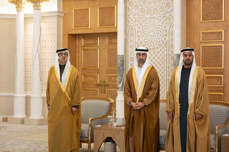 From left, Sheikh Mansour bin Zayed, Vice President, Deputy Prime Minister and Chairman of the Presidential Court; Sheikh Hamdan bin Mohamed; and Sheikh Mohammed bin Hamad, Private Affairs Adviser in the Presidential Court, attend the event