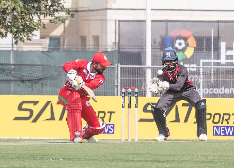 Oman player Ayaan Khan (30) batting during the Cricket World Cup League 2 match at the ICC Academy in Dubai. All photos Ruel Pableo for The National
