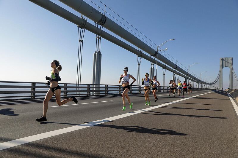 Competitors in the womens' elite race cross the Verrazzano-Narrows Bridge during the New York Marathon on Sunday, November 3. AP