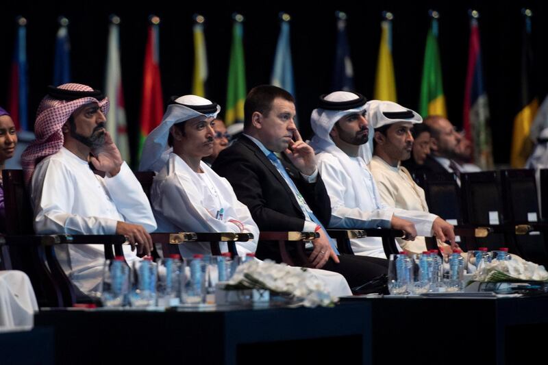 JUMEIRAH, DUBAI, UNITED ARAB EMIRATES - February 10, 2019: HH Sheikh Ammar bin Humaid Al Nuaimi, Crown Prince of Ajman (L), HH Sheikh Hazza bin Zayed Al Nahyan, Vice Chairman of the Abu Dhabi Executive Council (2nd L), and HH Sheikh Mansour bin Mohamed bin Rashid Al Maktoum (2nd R), attend the 2019 World Government Summit.
( Saeed Al Neyadi / Ministry of Presidential Affairs )
---