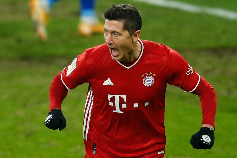 Bayern forward Robert Lewandowski celebrates scoring the second goal. AFP