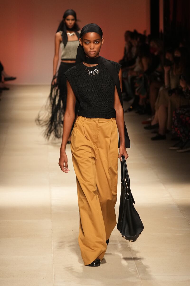 A model presents a creation by Salvatore Ferragamo during Milan Fashion Week. Getty Images