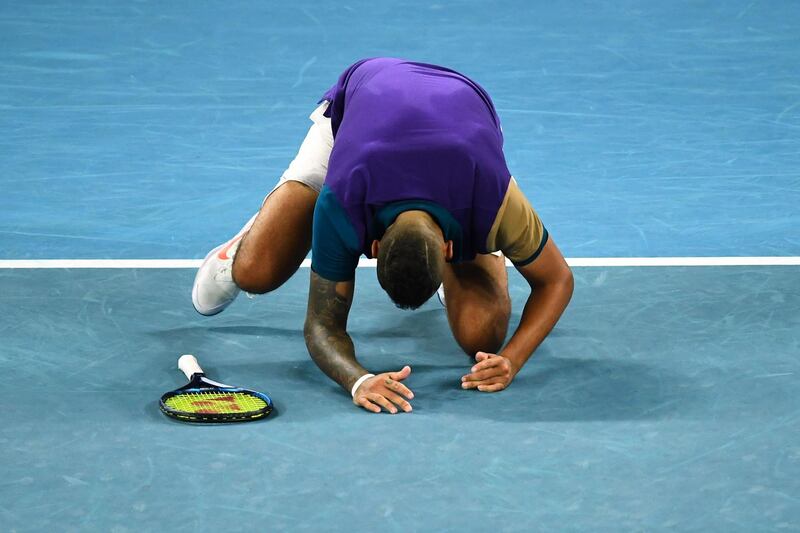 Nick Kyrgios celebrates after beating Ugo Humbert in their Australian Open second round match. AFP