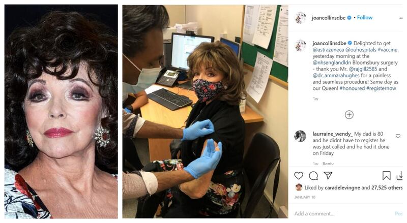 English ‘Dynasty’ actress Joan Collins shared a photo of herself on Instagram receiving the Oxford-AstraZeneca vaccine. 'I had no after-effects and I felt absolutely fine,' she told 'Good Morning Britain'. Getty Images, Instagram