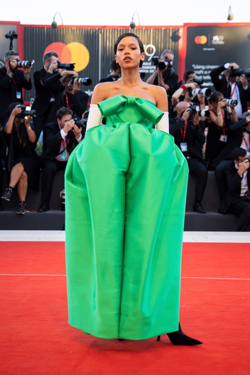 Taylor Russell in Balenciaga haute couture. AP