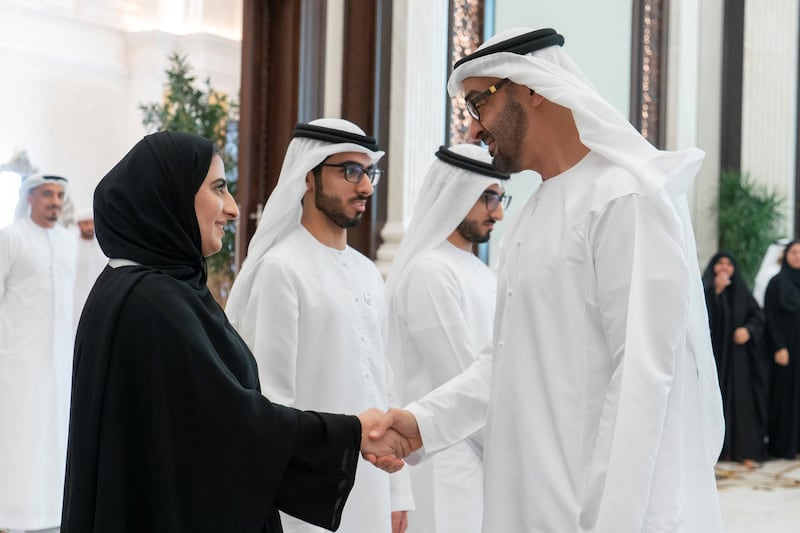 ABU DHABI, UNITED ARAB EMIRATES - July 17, 2019: HH Sheikh Mohamed bin Zayed Al Nahyan, Crown Prince of Abu Dhabi and Deputy Supreme Commander of the UAE Armed Forces (R) receives the honors and outstanding students of Grade 12 and their parents, at Al Bateen Palace.

( Rashed Al Mansoori / Ministry of Presidential Affairs )
---