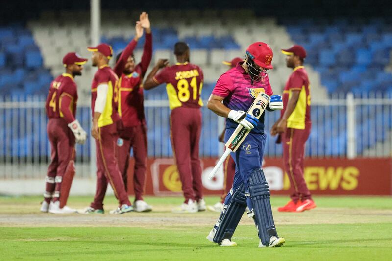 UAE captain Muhammad Waseem walks after being dismissed during the second one-day international against West Indies at the Sharjah Cricket Stadium on June 6, 2023. AFP