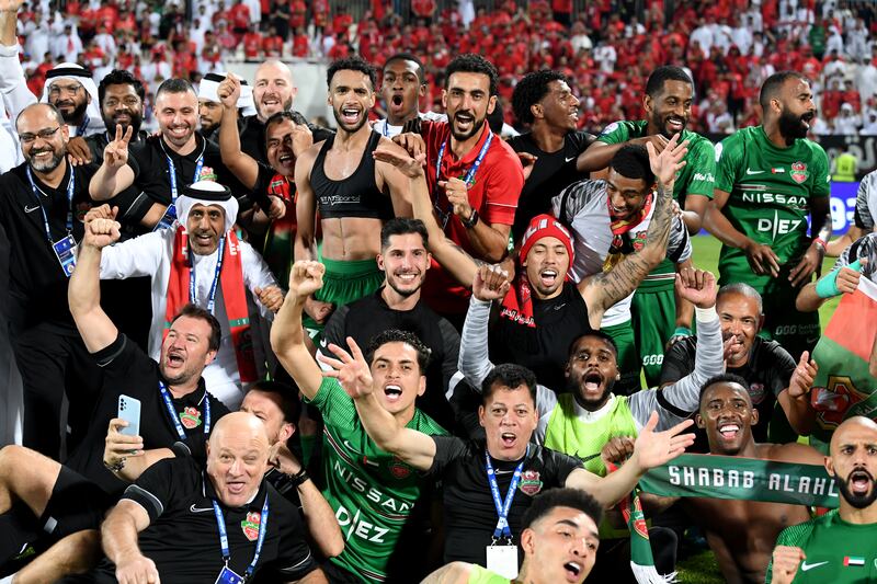 Shabab Al Ahli players and staff celebrate their Adnoc Pro League title triumph. Photo: PLC