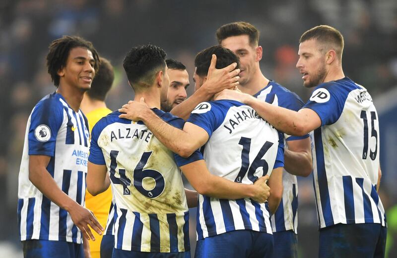 Alireza Jahanbakhsh of Brighton & Hove Albion celebrates after scoring against Chelsea at the American Express Community Stadium on Wednesday. Getty Images