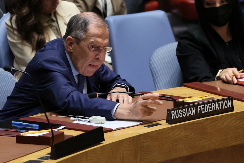 Mr Lavrov at the UN. Russia has stated its willingness to use nuclear weapons to defend its territory. Reuters